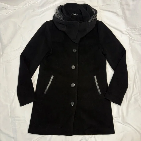 Mackage Wool Cashmere Coat Black Leather Trim Removable Collar Hood Size L - Picture 2 of 15